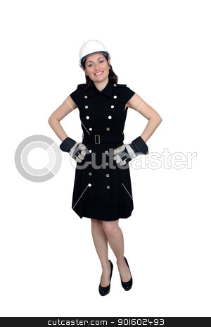 To use this stock image in your creative project, please select the size you need over to the right and click the "Add to Cart" button.
Your downloaded image will come with the Cutcaster watermark removed so don’t worry about the watermark you see on this page. Beautiful Female Construction Worker (1) stock photo, A lovely brunette wearing a white hardhat, work gloves, and a snappy dress, with a bright, warm smile. Isolated on a white background with generous copyspace. by Carl Stewart