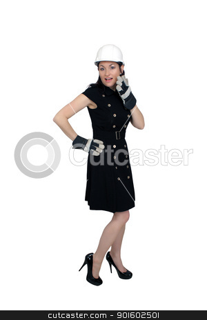 To use this stock image in your creative project, please select the size you need over to the right and click the "Add to Cart" button.
Your downloaded image will come with the Cutcaster watermark removed so don’t worry about the watermark you see on this page. Beautiful Female Construction Worker (9) stock photo, A lovely brunette wearing a white hardhat, work gloves, and a snappy dress, isolated on a white background with generous copyspace. by Carl Stewart