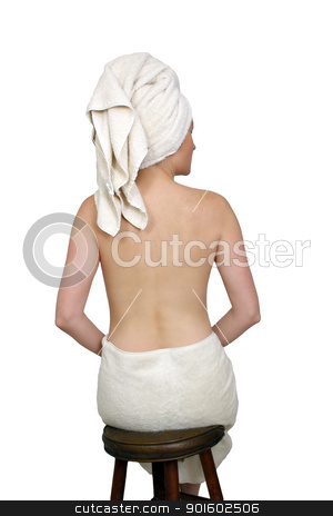 To use this stock image in your creative project, please select the size you need over to the right and click the "Add to Cart" button.
Your downloaded image will come with the Cutcaster watermark removed so don’t worry about the watermark you see on this page. Beautiful Bath-n-Body Woman (5) stock photo, A lovely woman wearing bath towels, topless facing away from the camera. Isolated on a white background. by Carl Stewart