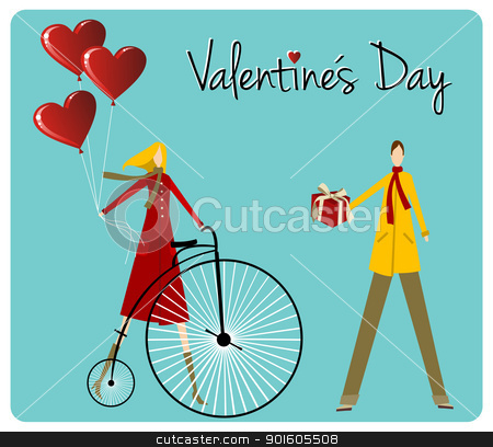 To use this stock image in your creative project, please select the size you need over to the right and click the "Add to Cart" button.
Your downloaded image will come with the Cutcaster watermark removed so don’t worry about the watermark you see on this page. Couple with retro bike Valentines day greeting card stock vector clipart, Valentines day greeting card background: Couple with vintage bike and heart shape balloons. Vector file available. by Cienpies Design