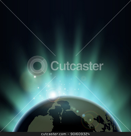To use this stock image in your creative project, please select the size you need over to the right and click the "Add to Cart" button.
Your downloaded image will come with the Cutcaster watermark removed so don’t worry about the watermark you see on this page. Sunburst over the world globe stock vector clipart, Sun light bursting over the earth at sunrise or sunset. Background with copy space, America in foreground.
by Christos Georghiou