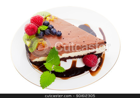 To use this stock image in your creative project, please select the size you need over to the right and click the "Add to Cart" button.
Your downloaded image will come with the Cutcaster watermark removed so don’t worry about the watermark you see on this page. Chocolate cheese cake stock photo, Double decker chocolate cheese cake with fruit on a white background by Steve Mcsweeny