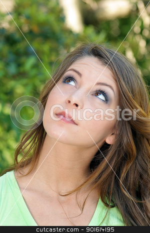 To use this stock image in your creative project, please select the size you need over to the right and click the "Add to Cart" button.
Your downloaded image will come with the Cutcaster watermark removed so don’t worry about the watermark you see on this page. Beautiful Young Brunette, Outdoor Headshot (3) stock photo, A close-up of a lovely young brunette looking up and toward frame left. by Carl Stewart