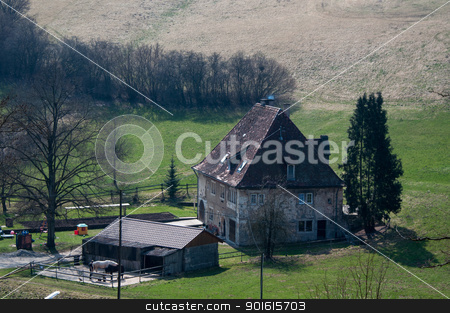 To use this stock image in your creative project, please select the size you need over to the right and click the "Add to Cart" button.
Your downloaded image will come with the Cutcaster watermark removed so don’t worry about the watermark you see on this page. Old Farmhouse stock photo, A large old farmhouse with horses and stable surrounded by fields and meadows by Frank G?