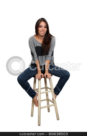 To use this stock image in your creative project, please select the size you need over to the right and click the "Add to Cart" button.
Your downloaded image will come with the Cutcaster watermark removed so don’t worry about the watermark you see on this page. Casual Brunette on a Barstool (1) stock photo, A lovely young smiling brunette in casual wardrobe sits on a barstool, isolated on a white background with generous copyspace. by Carl Stewart