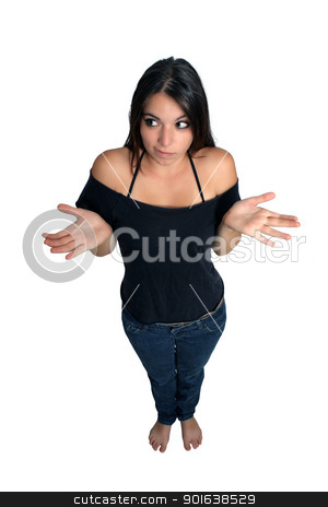 To use this stock image in your creative project, please select the size you need over to the right and click the "Add to Cart" button.
Your downloaded image will come with the Cutcaster watermark removed so don’t worry about the watermark you see on this page. Beautiful Brunette Full-length (2) stock photo, A lovely young brunette in casual wear, shrugs her shoulders. High-angle view with deliberate wide-angle distortion. by Carl Stewart