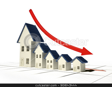 To use this stock image in your creative project, please select the size you need over to the right and click the "Add to Cart" button.
Your downloaded image will come with the Cutcaster watermark removed so don’t worry about the watermark you see on this page. Falling home sales 3D illustration - real estate market stock photo, Falling home sales 3D illustration - real estate market by Mopic