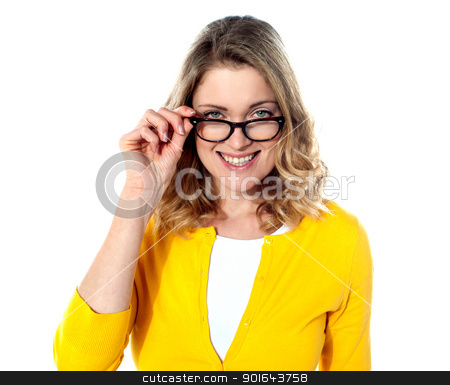 To use this stock image in your creative project, please select the size you need over to the right and click the "Add to Cart" button.
Your downloaded image will come with the Cutcaster watermark removed so don’t worry about the watermark you see on this page. Happy teenage girl with eyeglasses stock photo, Happy teenage girl with eyeglasses isolated on white background by Ishay Botbol