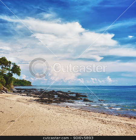 To use this stock image in your creative project, please select the size you need over to the right and click the "Add to Cart" button.
Your downloaded image will come with the Cutcaster watermark removed so don’t worry about the watermark you see on this page. Tropical Beach stock photo, sunny beach with rocks and jungle, Thailand by Petr Malyshev