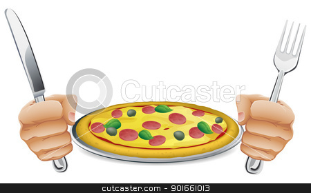 To use this stock image in your creative project, please select the size you need over to the right and click the "Add to Cart" button.
Your downloaded image will come with the Cutcaster watermark removed so don’t worry about the watermark you see on this page. Hungry for pizza stock vector clipart, Illustration of a pizza with hands holding a knife and fork by Christos Georghiou