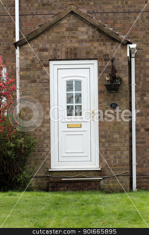 To use this stock image in your creative project, please select the size you need over to the right and click the "Add to Cart" button.
Your downloaded image will come with the Cutcaster watermark removed so don’t worry about the watermark you see on this page. House front dooor stock photo, Front foor of suburban house or home with garden in foreground. by Martin Crowdy