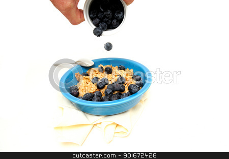 To use this stock image in your creative project, please select the size you need over to the right and click the "Add to Cart" button.
Your downloaded image will come with the Cutcaster watermark removed so don’t worry about the watermark you see on this page. Cereal And Fresh Blueberries stock photo, A blue bowl of cereal with fresh blueberries poured over the top. by Lynn Bendickson