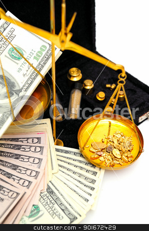 To use this stock image in your creative project, please select the size you need over to the right and click the "Add to Cart" button.
Your downloaded image will come with the Cutcaster watermark removed so don’t worry about the watermark you see on this page. Raw Gold And Money stock photo, Gold nuggets in the pan of a balance scale with many fifty and hundred dollar bills showing the value of both by Lynn Bendickson