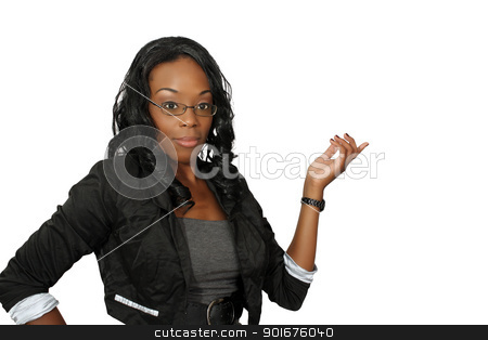 To use this stock image in your creative project, please select the size you need over to the right and click the "Add to Cart" button.
Your downloaded image will come with the Cutcaster watermark removed so don’t worry about the watermark you see on this page. Beautiful Hostess, Closeup (1) stock photo, A close-up of a lovely young black hostess, pointing toward frame right. Isolated on a white background with generous copyspace. by Carl Stewart