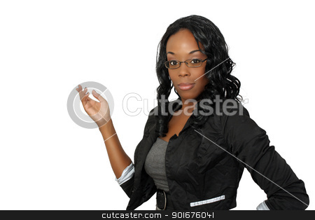 To use this stock image in your creative project, please select the size you need over to the right and click the "Add to Cart" button.
Your downloaded image will come with the Cutcaster watermark removed so don’t worry about the watermark you see on this page. Beautiful Hostess, Closeup (2) stock photo, A close-up of a lovely young black hostess, pointing toward frame left. Isolated on a white background with generous copyspace. by Carl Stewart