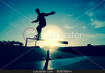 To use this stock image in your creative project, please select the size you need over to the right and click the "Add to Cart" button.
Your downloaded image will come with the Cutcaster watermark removed so don’t worry about the watermark you see on this page. Skateboarder silhouette on a grind stock photo, Skateboarder silhouette on a grind at the local skatepark. by Homydesign