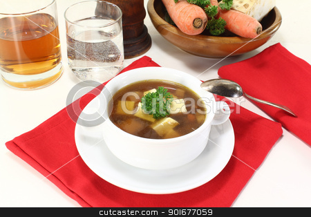 To use this stock image in your creative project, please select the size you need over to the right and click the "Add to Cart" button.
Your downloaded image will come with the Cutcaster watermark removed so don’t worry about the watermark you see on this page. fresh Beef consomme stock photo, fresh Beef consomme with greens, egg and parsley by Maren Wischnewski