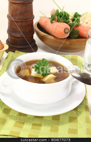 To use this stock image in your creative project, please select the size you need over to the right and click the "Add to Cart" button.
Your downloaded image will come with the Cutcaster watermark removed so don’t worry about the watermark you see on this page. Beef consomme with parsley stock photo, Beef consomme with soup vegetables, egg and parsley by Maren Wischnewski