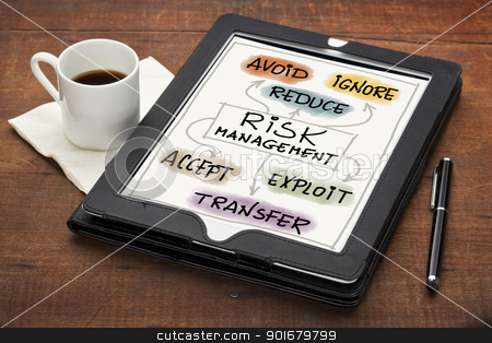 To use this stock image in your creative project, please select the size you need over to the right and click the "Add to Cart" button.
Your downloaded image will come with the Cutcaster watermark removed so don’t worry about the watermark you see on this page. risk management concept stock photo, risk management strategies - avoid, ignore, reduce, accept, transfer or exploit - colorful sketch on a tablet computer with stylus pen and espresso coffee cup against grunge scratched wooden table by Marek Uliasz