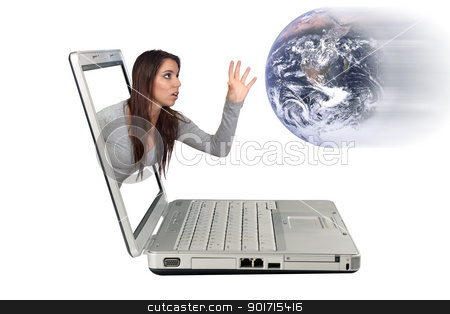To use this stock image in your creative project, please select the size you need over to the right and click the "Add to Cart" button.
Your downloaded image will come with the Cutcaster watermark removed so don’t worry about the watermark you see on this page. Attractive Brunette Reaching From a Laptop (3) stock photo, An attractive brunette reaching beyond a laptop computer screen to catch the earth for a 3-D effect. Isolated on a white background with generous copyspace. by Carl Stewart