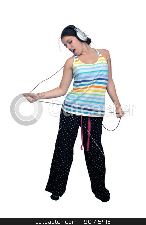 To use this stock image in your creative project, please select the size you need over to the right and click the "Add to Cart" button.
Your downloaded image will come with the Cutcaster watermark removed so don’t worry about the watermark you see on this page. Attractive Brunette with Headphones (1) stock photo, An attractive brunette sings along with music in her headphones, dressed in pajamas or sleepwear. Isolated on a white background with generous copyspace. by Carl Stewart