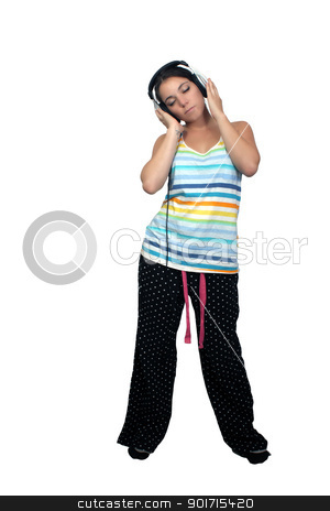 To use this stock image in your creative project, please select the size you need over to the right and click the "Add to Cart" button.
Your downloaded image will come with the Cutcaster watermark removed so don’t worry about the watermark you see on this page. Attractive Brunette with Headphones (3) stock photo, An attractive brunette listens to music in her headphones, dressed in pajamas or sleepwear. Isolated on a white background with generous copyspace. by Carl Stewart