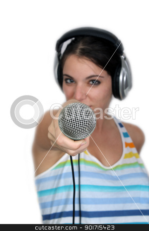To use this stock image in your creative project, please select the size you need over to the right and click the "Add to Cart" button.
Your downloaded image will come with the Cutcaster watermark removed so don’t worry about the watermark you see on this page. Attractive Brunette with Headphones and a Microphone (3) stock photo, An attractive brunette holds a microphone out to the camera, dressed in pajamas or sleepwear. Selective focus on the microphone. Isolated on a white background with generous copyspace. by Carl Stewart
