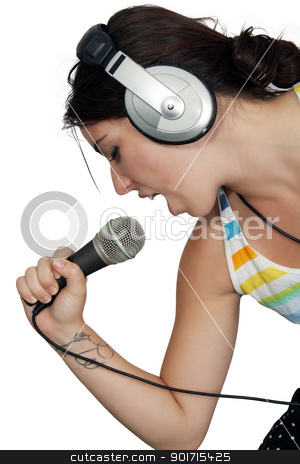 To use this stock image in your creative project, please select the size you need over to the right and click the "Add to Cart" button.
Your downloaded image will come with the Cutcaster watermark removed so don’t worry about the watermark you see on this page. Attractive Brunette with Headphones and a Microphone (5) stock photo, An attractive brunette sings along with music in her headphones, dressed in pajamas or sleepwear. Isolated on a white background with generous copyspace. by Carl Stewart