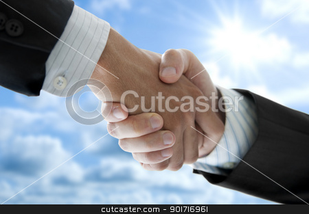 To use this stock image in your creative project, please select the size you need over to the right and click the "Add to Cart" button.
Your downloaded image will come with the Cutcaster watermark removed so don’t worry about the watermark you see on this page. Hands shaking stock photo, Businessmen shaking hands over blue sky, low angle view. by szefei