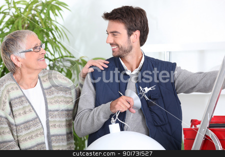 To use this stock image in your creative project, please select the size you need over to the right and click the "Add to Cart" button.
Your downloaded image will come with the Cutcaster watermark removed so don’t worry about the watermark you see on this page. Senior with handyman stock photo, Senior with handyman by photography33