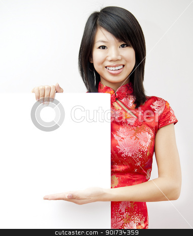 To use this stock image in your creative project, please select the size you need over to the right and click the "Add to Cart" button.
Your downloaded image will come with the Cutcaster watermark removed so don’t worry about the watermark you see on this page. Oriental girl stock photo, A smiling Oriental girl holding blank sign on grey background by szefei