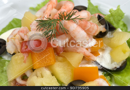To use this stock image in your creative project, please select the size you need over to the right and click the "Add to Cart" button.
Your downloaded image will come with the Cutcaster watermark removed so don’t worry about the watermark you see on this page. Prawn salad. stock photo, Prawn salad. Simple and healthy salad of shrimp, mixed greens, red pepper and olive. by Yury Ponomarev