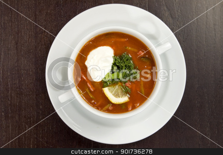 To use this stock image in your creative project, please select the size you need over to the right and click the "Add to Cart" button.
Your downloaded image will come with the Cutcaster watermark removed so don’t worry about the watermark you see on this page. Vegetable soup. stock photo, Vegetable soup on a white plate. by Yury Ponomarev