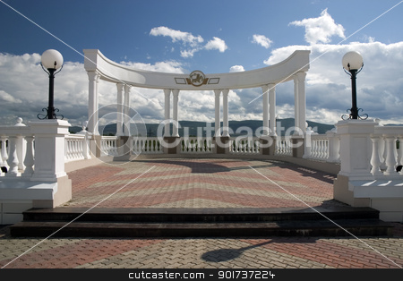To use this stock image in your creative project, please select the size you need over to the right and click the "Add to Cart" button.
Your downloaded image will come with the Cutcaster watermark removed so don’t worry about the watermark you see on this page. Balcony with white columns. stock photo, Balcony with white columns on a background of the sky with clouds. by Yury Ponomarev