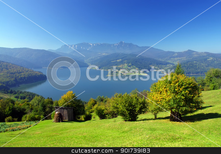 To use this stock image in your creative project, please select the size you need over to the right and click the "Add to Cart" button.
Your downloaded image will come with the Cutcaster watermark removed so don’t worry about the watermark you see on this page. mountain and lake stock photo, fresh summer landscape with Carpathian mountain and lake, Romania by Ioan Panaite
