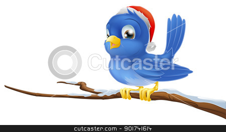 To use this stock image in your creative project, please select the size you need over to the right and click the "Add to Cart" button.
Your downloaded image will come with the Cutcaster watermark removed so don’t worry about the watermark you see on this page. Bluebird in Christmas hat stock vector clipart, A blue bird sitting on snow covered branch wearing a Christmas hat by Christos Georghiou