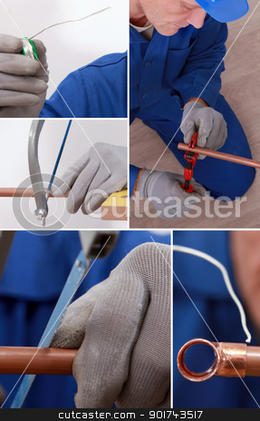 To use this stock image in your creative project, please select the size you need over to the right and click the "Add to Cart" button.
Your downloaded image will come with the Cutcaster watermark removed so don’t worry about the watermark you see on this page. Montage of plumber cutting copper pipe stock photo, Montage of plumber cutting copper pipe by photography33