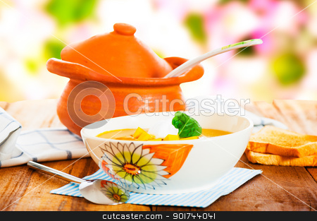 To use this stock image in your creative project, please select the size you need over to the right and click the "Add to Cart" button.
Your downloaded image will come with the Cutcaster watermark removed so don’t worry about the watermark you see on this page. Pumpkin soup with cream in a bowl with painted flower and toast stock photo, Pumpkin soup with cream in a bowl with painted flower and toast as a garnish. by p.studio66
