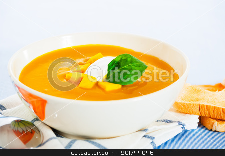 To use this stock image in your creative project, please select the size you need over to the right and click the "Add to Cart" button.
Your downloaded image will come with the Cutcaster watermark removed so don’t worry about the watermark you see on this page. Pumpkin soup with cream in a bowl with painted flower and toast stock photo, Pumpkin soup with cream in a bowl with painted flower and toast as a garnish. by p.studio66