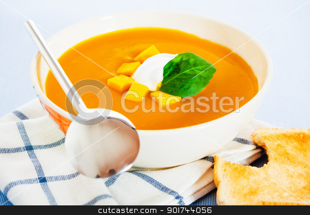 To use this stock image in your creative project, please select the size you need over to the right and click the "Add to Cart" button.
Your downloaded image will come with the Cutcaster watermark removed so don’t worry about the watermark you see on this page. Pumpkin soup with cream in a bowl with painted flower and toast stock photo, Pumpkin soup with cream in a bowl with painted flower and toast as a garnish. by p.studio66