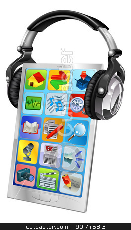 To use this stock image in your creative project, please select the size you need over to the right and click the "Add to Cart" button.
Your downloaded image will come with the Cutcaster watermark removed so don’t worry about the watermark you see on this page. Mobile phone music headphones stock vector clipart, Concept illustration of a mobile phone wearing music headphones by Christos Georghiou
