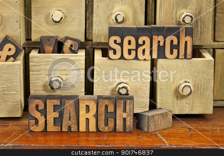 To use this stock image in your creative project, please select the size you need over to the right and click the "Add to Cart" button.
Your downloaded image will come with the Cutcaster watermark removed so don’t worry about the watermark you see on this page. search word concept in wood type stock photo, search word or SEO concept - vintage letterpress wood type with primitive apothecary drawer cabinet by Marek Uliasz