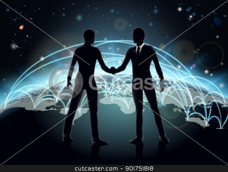 To use this stock image in your creative project, please select the size you need over to the right and click the "Add to Cart" button.
Your downloaded image will come with the Cutcaster watermark removed so don’t worry about the watermark you see on this page. International business concept stock vector clipart, Silhouettes of businessmen shaking hands in front of world map with network or international trade lines
by Christos Georghiou
