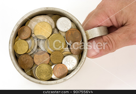 To use this stock image in your creative project, please select the size you need over to the right and click the "Add to Cart" button.
Your downloaded image will come with the Cutcaster watermark removed so don’t worry about the watermark you see on this page. Old aluminum mug and coins. stock photo, The Male hand and aluminum mug with money. by Yury Ponomarev
