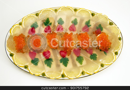To use this stock image in your creative project, please select the size you need over to the right and click the "Add to Cart" button.
Your downloaded image will come with the Cutcaster watermark removed so don’t worry about the watermark you see on this page. Jellied fish with caviar. stock photo, The large dish with appetizer on a white background. by Yury Ponomarev
