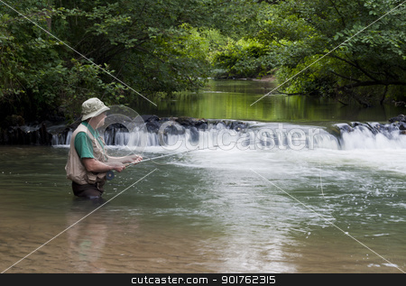 To use this stock image in your creative project, please select the size you need over to the right and click the "Add to Cart" button.
Your downloaded image will come with the Cutcaster watermark removed so don’t worry about the watermark you see on this page. trout fisherman stock photo, man fishing for trout next to a small waterfall by digitalreflections