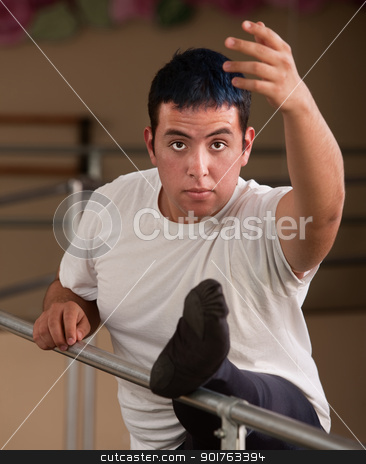 To use this stock image in your creative project, please select the size you need over to the right and click the "Add to Cart" button.
Your downloaded image will come with the Cutcaster watermark removed so don’t worry about the watermark you see on this page. Young Male Ballet Dancer stock photo, Young male ballet dancer with leg on railing by Scott Griessel
