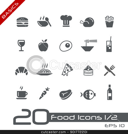 To use this stock image in your creative project, please select the size you need over to the right and click the "Add to Cart" button.
Your downloaded image will come with the Cutcaster watermark removed so don’t worry about the watermark you see on this page. Food Icons - Set 1 of 2 // Basics stock vector clipart, Vector icons set for your web or presentation projects. by Diego Alies