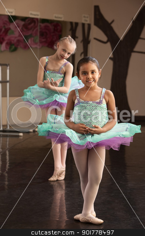 To use this stock image in your creative project, please select the size you need over to the right and click the "Add to Cart" button.
Your downloaded image will come with the Cutcaster watermark removed so don’t worry about the watermark you see on this page. Cute Ballerinas Rehearsing stock photo, Two young ballet dresses rehearsing in a dance studio by Scott Griessel