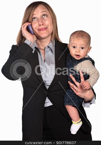 To use this stock image in your creative project, please select the size you need over to the right and click the "Add to Cart" button.
Your downloaded image will come with the Cutcaster watermark removed so don’t worry about the watermark you see on this page. Working Mother on Phone stock photo, Female worker on phone holding baby over white background by Scott Griessel